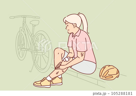 Woman cyclist has injured leg after falling off bike and sits on curb in need of doctor help Woman cyclist has injured leg after falling off bike and sits on curb in need of doctor help 105288181