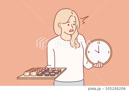 Woman with sushi rolls and hours nervous about long delivery time from japanese restaurant Woman with sushi rolls and hours nervous about long delivery time from japanese restaurant 105288206
