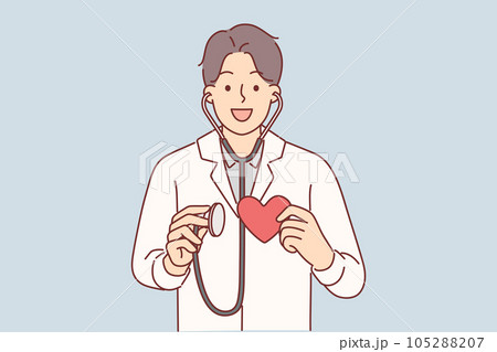 Man cardio surgeon holding stethoscope and heart offering to undergo examination 105288207