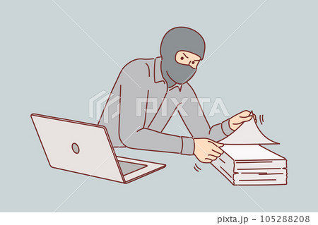 Man gangster steals documents from office building, wearing mask to hide face and remain anonymous 105288208