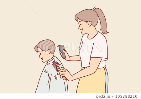 Woman children hairdresser cuts little boy hair and holds trimmer and comb in hands Woman children hairdresser cuts little boy hair and holds trimmer and comb in hands 105288210