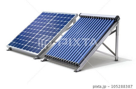Solar panel generator and solar heater on white background - 3D illustration Solar panel generator and solar heater on white background - 3D illustration 105288387
