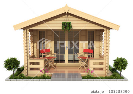 Garden wooden cabin (garden house) isolated on white background - 3D illustration Garden wooden cabin (garden house) isolated on white background - 3D illustration 105288390