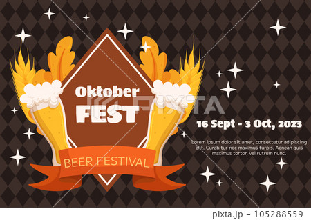 Oktoberfest German beer festival background. Design with glass of beer, wheat and leaves, banner ribbon. Rhombus pattern on back Oktoberfest German beer festival background. Design with glass of beer, wheat and leaves, banner ribbon. Rhombus pattern on back 105288559