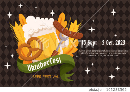 Oktoberfest German beer festival background. Design with glass of beer, pretzel and fork with sausage, wheat and leaves. Rhombus pattern on back 105288562