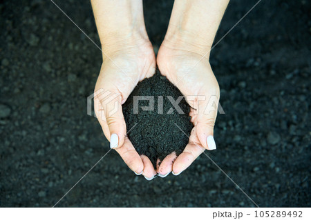 Woman hands holding soil. New life, eco, sustainable living, zero waste, plastic free, earth day concept 105289492