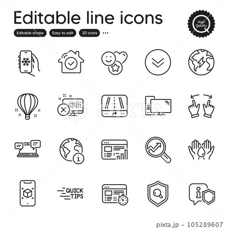 Set of Technology outline icons. Contains icons as Electricity, Analytics and Air balloon elements. Internet chat, Web timer, Augmented reality web signs. Inspect, Scroll down. Vector 105289607