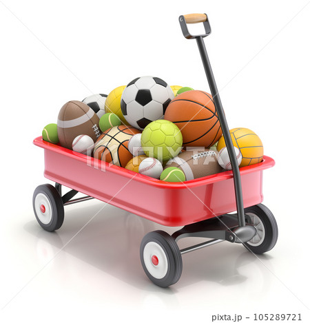 Vintage child's toy mini wagon with sport balls - 3D illustration Vintage child's toy mini wagon with sport balls - 3D illustration 105289721