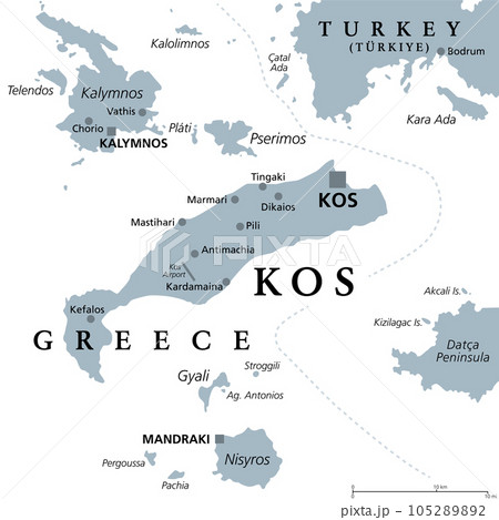 Kos, Greek island, gray political map. Also Cos, part of the Dodecanese Islands in the Aegean Sea, next to Turkish Bodrum Peninsula. With Kalymnos, Nisyros, Pserimos, and smaller neighbouring islands. Kos, Greek island, gray political map. Also Cos, part of the Dodecanese Islands in the Aegean Sea, next to Turkish Bodrum Peninsula. With Kalymnos, Nisyros, Pserimos, and smaller neighbouring islands. 105289892