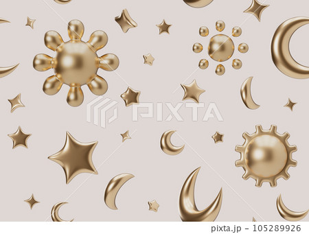 Seamless pattern with golden 3D stars, moons, suns on beige background. Applicable for fabric print, textile, wallpaper. Repeatable texture. Modern style, pattern for bedding, clothes. 3D render. 105289926