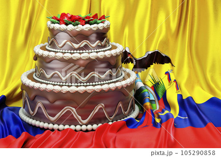 Chocolate cake on the Ecuadorian flag background, 3D rendering Chocolate cake on the Ecuadorian flag background, 3D rendering 105290858