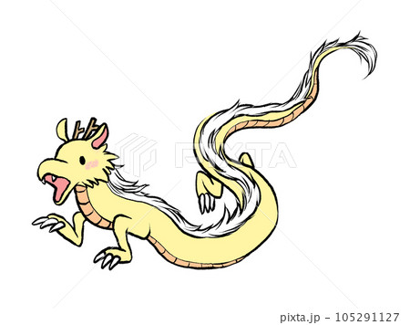 笑顔で飛ぶ黄色の龍のイラストのイラスト素材 [105291127] - PIXTA