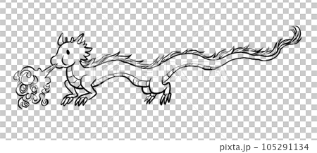 A line drawing of a dragon illustration flying while blowing flames 105291134