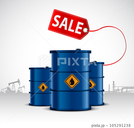 Oil barrels with a price tag on the background of oil pumps 105291238