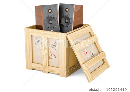 Musical Speakers inside wooden box, delivery concept. 3D rendering Musical Speakers inside wooden box, delivery concept. 3D rendering 105291419