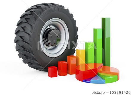 Truck Wheel with growth bar graph and pie chart. 3D rendering 105291426