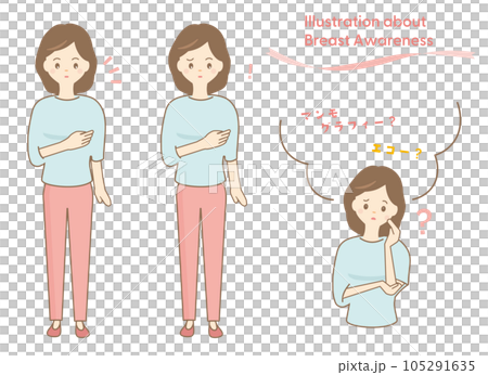 胸の違和感に気づいて、乳がん検診について考える女性のイラスト 105291635
