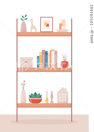 Cozy home interior design concept. Shelf with interior objects. Vector illustration in flat style 105291682