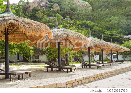 Thatched umbrella and chairs on tropical beach in Khanh Hoa, Vietnam Thatched umbrella and chairs on tropical beach in Khanh Hoa, Vietnam 105291796