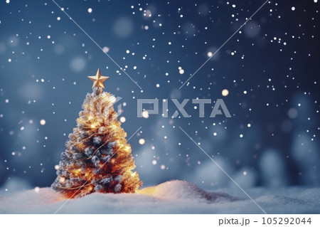 Christmas Tree on Blurred Shiny Lights at snow top of blur mountain background. Christmas Eve concept. Christmas Tree on Blurred Shiny Lights at snow top of blur mountain background. Christmas Eve concept. 105292044