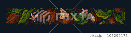 Dark chocolate. Cocoa banner Beans, leaves, fruits Dark chocolate. Cocoa banner Beans, leaves, fruits 105292175