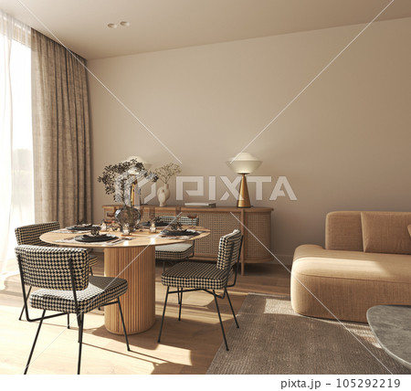 Beige interior design of modern dining room with orange furniture, panoramic window and wooden table. Light livingroom scandinavian style with dry flowers. 3d rendering. High quality 3d illustration 105292219