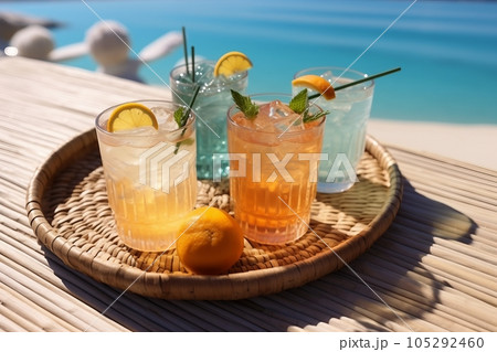 Selection of summer alcoholic cocktails on a wicker tray on beach with white sand. Summer sea vacation and travel concept. Exotic summer drinks, sunny 105292460