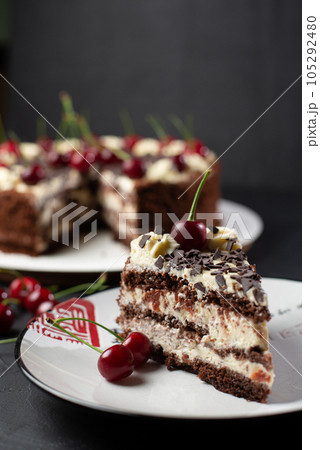 Cherry cake and chocolate on the background 105292480