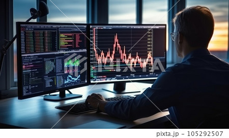 Businessman fund manager trading stock market indicators for best investment strategy, financial data and charts. Businessman fund manager trading stock market indicators for best investment strategy, financial data and charts. 105292507