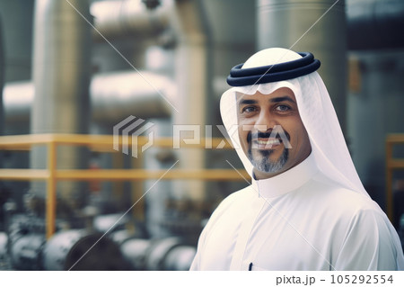 Businessman Muslim Arab on  oil pump background. Successful and wealthy inspire person. 105292554