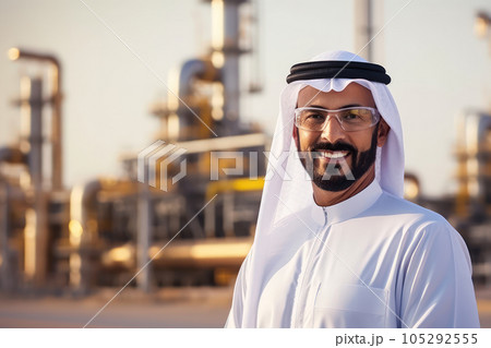 Businessman Muslim Arab on  oil pump background. Successful and wealthy inspire person. 105292555