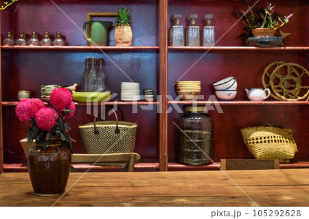 Loft style with wooden furniture in a Vietnamese coffee shop  105292628