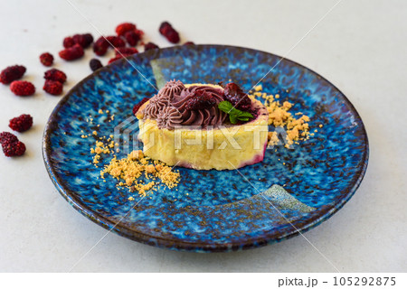 Mulberry Roll Cake on blue plate isolated on white background Mulberry Roll Cake on blue plate isolated on white background 105292875