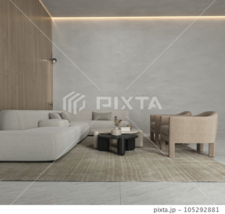 Minimalism grey beige interior livingroom with wooden furniture, gray marble floor and brown armchair background. Ceiling with modern warm lighting. 3d rendering. High quality 3d illustration 105292881