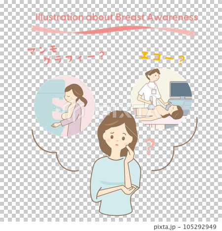 乳がん検診でマンモグラフィーを受けるかエコー検査にするか迷う女性のイラスト 105292949