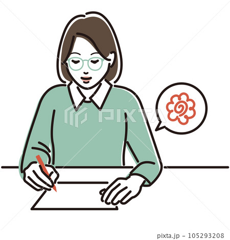 赤ペンで花まるを書くメガネの女性 105293208