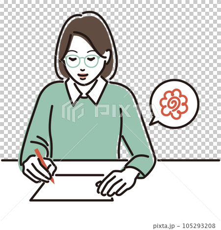 赤ペンで花まるを書くメガネの女性 105293208