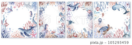 Set of cute postcards with sea animals. Collection of postcards with starfish, whale, crab, jellyfish, coral, fish, turtle. Watercolor illustration, hand drawn.Invitation templates 105293459