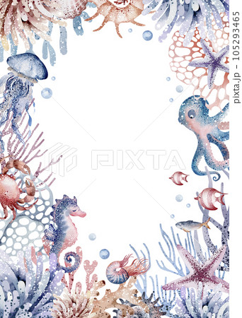 Set of cute postcards with sea animals. Collection of postcards with starfish, whale, crab, jellyfish, coral, fish, turtle. Watercolor illustration, hand drawn.Invitation templates Set of cute postcards with sea animals. Collection of postcards with starfish, whale, crab, jellyfish, coral, fish, turtle. Watercolor illustration, hand drawn.Invitation templates 105293465