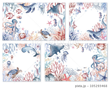 Set of cute postcards with sea animals. Collection of postcards with starfish, whale, crab, jellyfish, coral, fish, turtle. Watercolor illustration, hand drawn.Invitation templates Set of cute postcards with sea animals. Collection of postcards with starfish, whale, crab, jellyfish, coral, fish, turtle. Watercolor illustration, hand drawn.Invitation templates 105293468