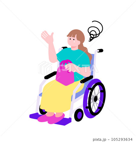 車椅子に座る困った表情の若い女性のポップなイラスト 105293634