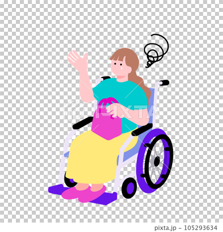 一幅流行插畫,描繪了一位坐在輪椅上、表情困惑的年輕女子 一幅流行插畫,描繪了一位坐在輪椅上、表情困惑的年輕女子 105293634