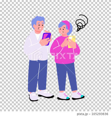 Illustration of a senior holding a smartphone with a troubled expression 105293636