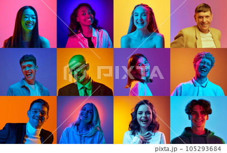 Collage made of portraits of different young people, men and women smiling against multicolored background in neon light 105293684