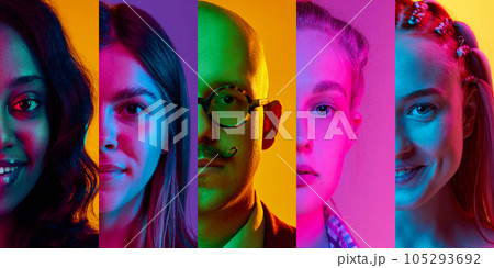 Collage made of half-faced portrait of young people, man and women looking at camera against multicolored background in neon lights Collage made of half-faced portrait of young people, man and women looking at camera against multicolored background in neon lights 105293692