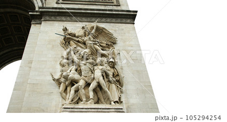 Arc de Triomphe (carved on white background), Paris, France. The walls of the arch are engraved with the names of 128 battles and names of 660 French military leaders (in French) Arc de Triomphe (carved on white background), Paris, France. The walls of the arch are engraved with the names of 128 battles and names of 660 French military leaders (in French) 105294254