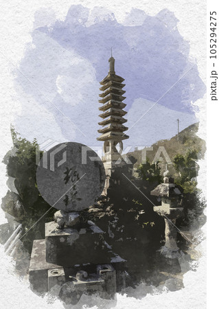 水彩画風　鳳源寺　石塔　広島県三次市 105294275