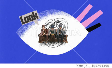 Contemporary art collage. Three businessman sitting on coach in middle of drawn eye and watch with bear and snacks. Contemporary art collage. Three businessman sitting on coach in middle of drawn eye and watch with bear and snacks. 105294390