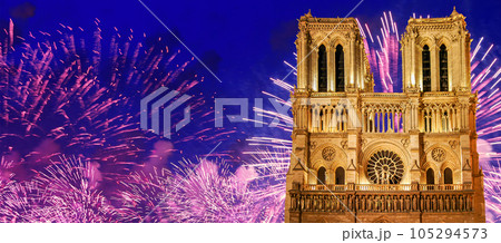 Celebratory fireworks over the Notre Dame de Paris, also known as Notre Dame Cathedral or simply Notre Dame, is a Gothic, Roman Catholic cathedral of Paris, France 105294573