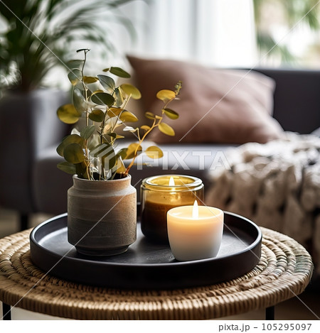 Warm cozy home interior with burning candles, afternoon room decoration, creative decor arrangement Warm cozy home interior with burning candles, afternoon room decoration, creative decor arrangement 105295097